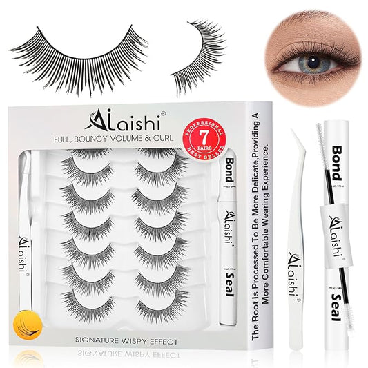 Wispy False Eyelashes Kit With Bond, Seal and Tweezer, 7 Pairs Natural Look Fake Cat Eye Lashes Strips Thin Band Extensions Waterproof Easy Eyelashes for Beginners DF2