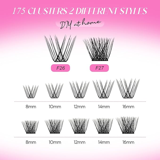 Lash Clusters DIY Eyelash Extensions 175 Clusters Lashes D Curl 0.07 Natural Individual Lash Extensions Mixed Tray False Eyelashes Soft & Strong Thin Band DIY at Home (F26+F27-0.07D, 8-16mm)