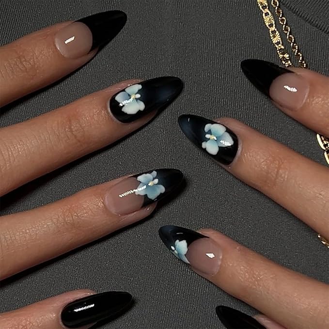 IMRAIN French Tip Press on Nails Medium Almond Fake Nails with Blue Flower Designs Black French False Nails Full Cover Glossy Glue on Nails Acrylic Artificial Nails for Women Girls Manicure
