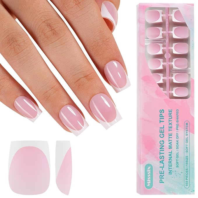 Misssix French Tip Press on Nails, 150Pcs French Tip Gel Nail Tips Short Square Pink, No Need to File Tips Pre-lasting, Fake Nails for Nail Art DIY 15 Sizes