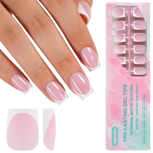 Misssix French Tip Press on Nails, 150Pcs French Tip Gel Nail Tips Short Square Pink, No Need to File Tips Pre-lasting, Fake Nails for Nail Art DIY 15 Sizes