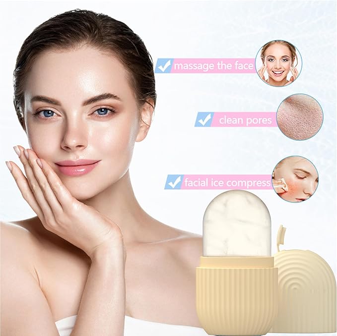 Ice Face Roller, Reusable Silicone Mold Face Massage Eye Facial Beauty Skin Care Tools Apply Ice for Shrink Pores Anti Wrinkle Reduce Puffiness Improve Skin Elasticity, Striped, Yellow