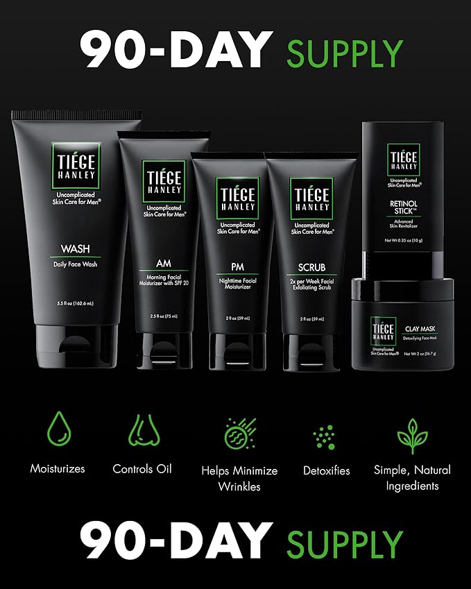 Tiege Hanley 90 Day Large Skin Care Set for Men, Anti Aging Routine, System Level 3, Daily Face Wash, Facial Scrub, Two Moisturizers, Eye Cream, & Serum for Healthy Skin, Men’s Skin Care, 6 Piece Kit