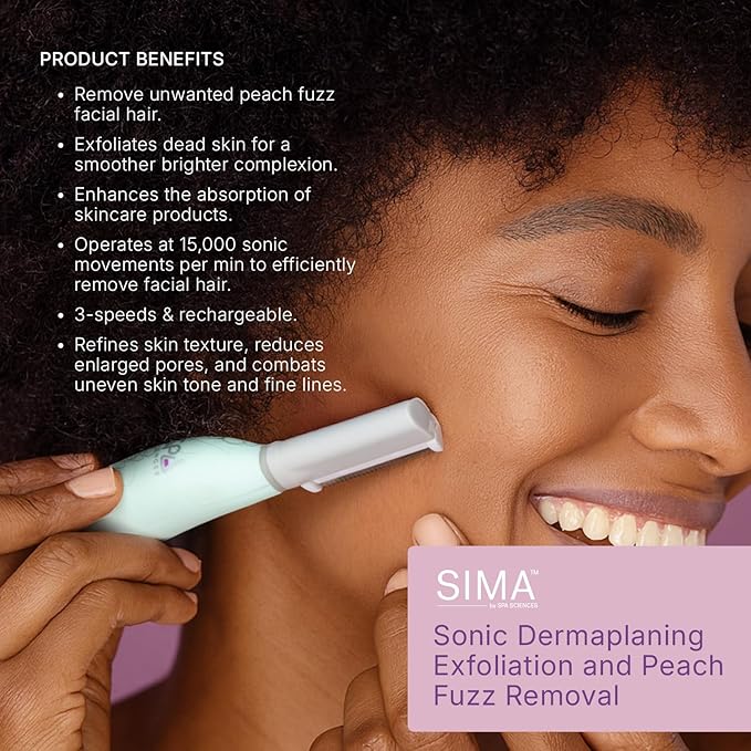 SPA SCIENCES - SIMA Patented Dermaplane Razor for Women Face – Painless 2-in-1 Facial Exfoliation & Peach Fuzz Hair Removal – Anti-Aging – 3 Speeds – Rechargeable – 19 Weeks Treatment