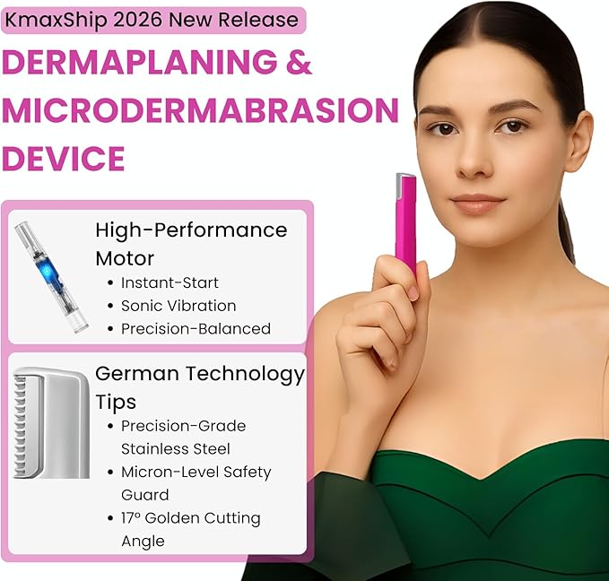 2-in-1 Dermaplaning Tool Ultra+ for Women Face, Facial Hair Remover with 4 Microsmooth Exfoliation Tips & 12 Dermaplaning Blades, Peach Fuzz Remover Razor & Face Exfoliator