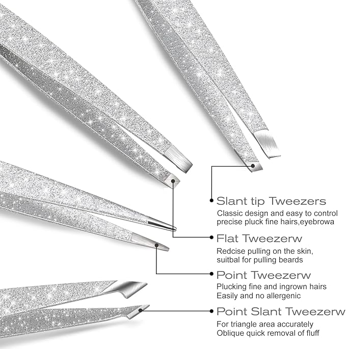4-Pcs Glitter Stainless Steel Precision Tweezer Set for Eyebrows, Ingrown Hair & Lash Extensions (Bright Silver)