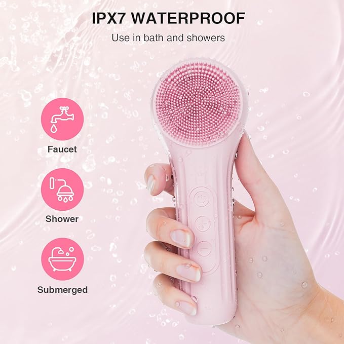 5 Modes Silicone Face Scrubber, Waterproof Face Scrubber Exfoliator for Men & Women, Rechargeable Electric Facial Cleansing Brush for Deep Cleansing, Exfoliating, Massage (Pink)