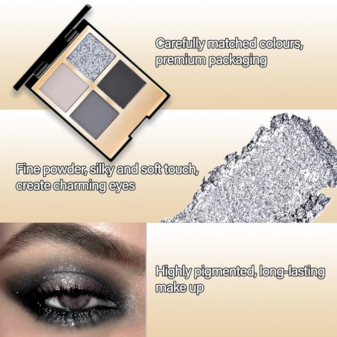 4 Colors Eyeshadow Makeup Palette,Black Gray Highly Pigmented Natural Neutral Nude Smoke Eye Shadow Palette with Mirror,Long Lasting Naturing-Looking,Waterproof,Blendable,Travel Size