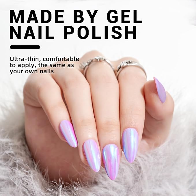 Wooyas Press on Nails Almond, Purple Metallic Mirror Finish Handmade Nails Reflective Mirror, Medium Aurora Nails Full Cover by Professional Manicurist, 24 Pcs Soft Gel Glue On Nails Kit