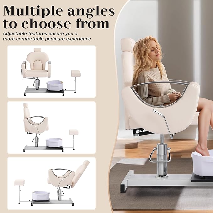 Pedicure Station No Plumbing, Hydraulic Pedicure Chair for Nail Tech, Height Adjustable Reclining Pedicure Station Unit, 360 Degree Swivel Foot Spa Chair with Massage Foot Bath (White)
