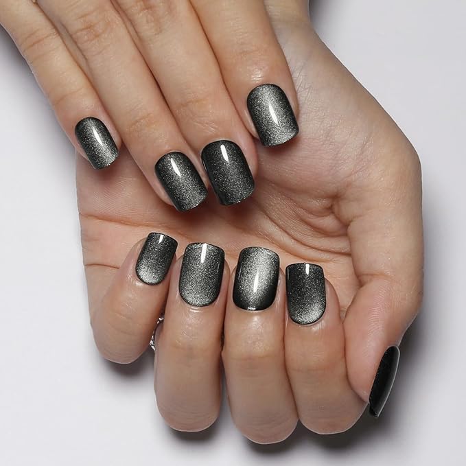 Short Square Press On Nails White to Grey Gradient Cat Eye Press on Nails with Glue for Women Ashionable Gel False Nails Reusable Acrylic False Nails Glue On Nails Kit, water gloss white