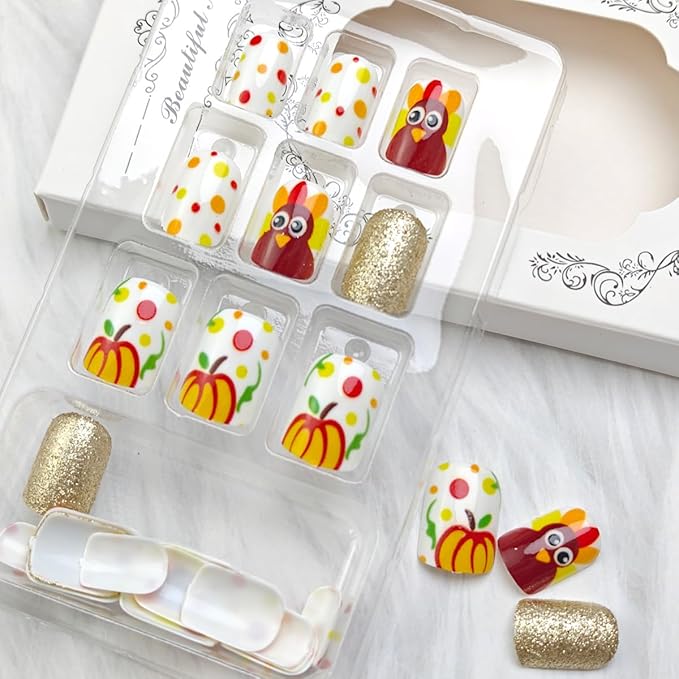 24Pcs Thanksgiving Press on Nails Petite Short Fake Nails Square Shaped Colorful Dots with Turkey Design Full Cover Artificial Fall Glue on Nails Autumn False Nails Stick on Nail for Acrylic Manicure