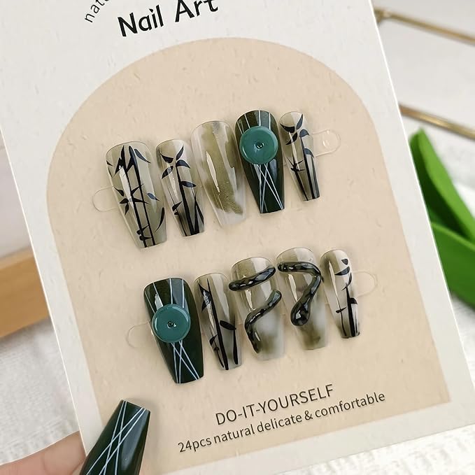 BABALAL Long Coffin Press on False Nails Dark Green Fake Nails Bamboo Glue ons Nail 3d Snake Goth Design Acrylic Nails 24Pcs Ballerina Suppplies Art