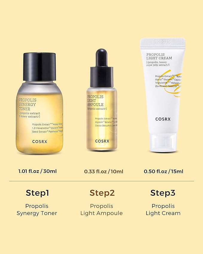COSRX Honey Glow Kit, Korean Skin Care Set with Propolis Facial Toner, Serum, & Cream, Mini Travel Essentials, Moisture, Hydration, Nourishment, Travel Size Gift, Stocking Stuffers, Holiday Gift set