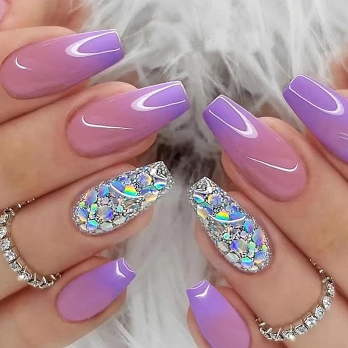 Short Coffin Press-On Nails, 24pcs Plastic Sliver Glitter Sequins Designs, Purple Gradient, Glossy, Full Cover, Quick On, 24 Fl Oz (Pack of 1)