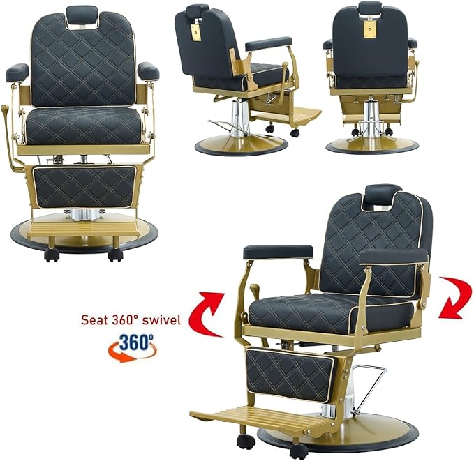 Kaleurrier Black and Gold Barber Chair: Professional Heavy Duty Recliner Salon Chair for Hair Stylist - Reclining Hydraulic Barber Shop Chairs for Home Hair Beauty Salon Massage Barbershop