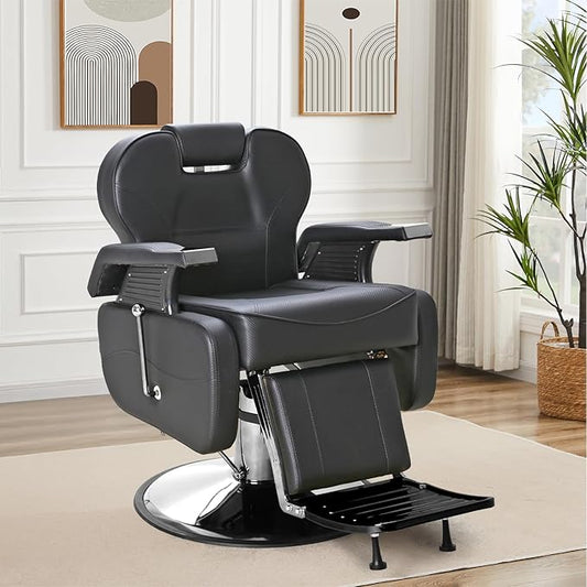 FHFO Barber Chairs for Barbershop, Heavy Duty Hydraulic Barber Chair 360° Swivel Reclining, Adjustable PU Leather Beauty Salon Chair for Barbershop Spa Black/Silver