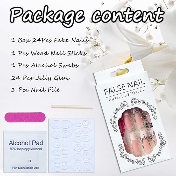 24Pcs Long Press on Nails Coffin French Tip Fake Nails with Rhinestone Bling Design Coffin Shaped Full Cover White Nails Tips Acrylic Nails Glossy Glue on Nails Artificial French False Nails for Women