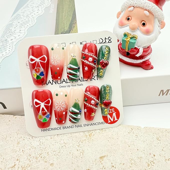 10Pcs Christmas Press on Nails Medium Square Fake Nails with 3D Pearl Rhinestones Designs Christmas Snowflake Xmas Tree False Nails Red Glossy Full Cover Handmade Stick on Nails for Women Girls DIY