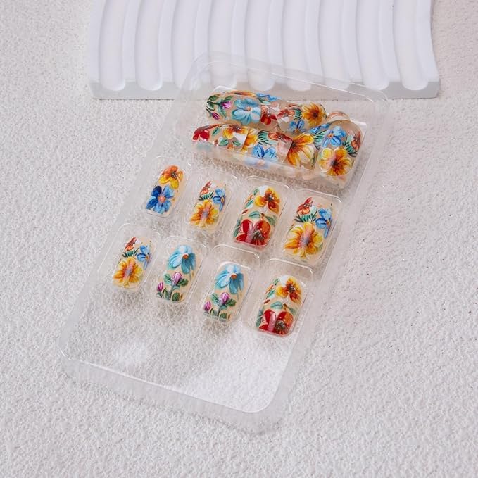Flowers Press on Nails Medium Square Fake Nails 3D Floral Acrylic Nails Colorful Flower False Nails Spring Stick on Nails Cute Artificial Nails for Women Girls Manicure 24Pcs