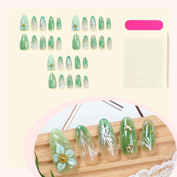 30pcs Green Press on Nails Medium Almond Fake Nails With 3D Flower Pearl Rhinestone Design Gold Beads Butterfly False Nails Star Glue on Nails 3D Summer Floral Full Cover Stick on Nails for Women