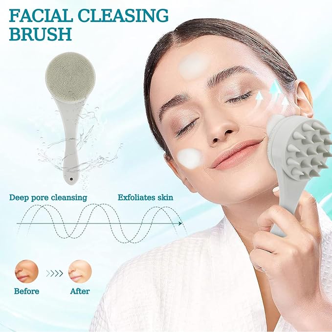 2 Pack Silicone Facial Cleasing Brush and Hair Scalp Massager Shampoo Brush 2 in 1 Double Sided Face Scrubber Scalp Scrubber Manual Exfoliating Light Gray