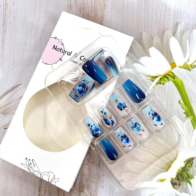 24Pcs Blue Flower Press on Nails Medium Ballet Shaped Blue Gradient Acrylic False Nail Artificial Floral Stick on Nail Press Ons with Blossom Design Glossy Reusable Glue on Nails for Women