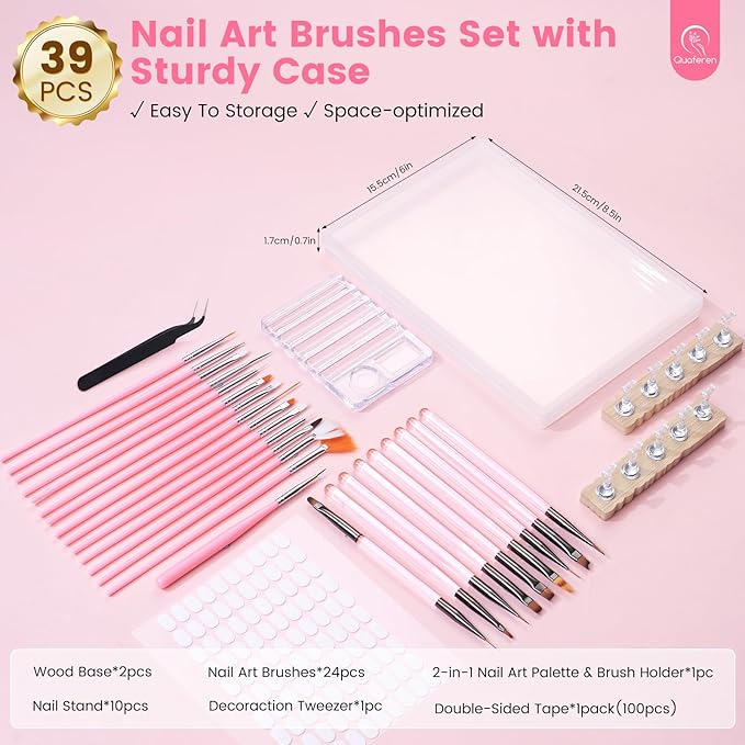 Quaferen Nail Brushes for Nail Art 39PCS Nail Brush Tools Set with Nail Stand Holder 2-in-1 Nail Art Palette Professional Acrylic Nail Brushes Kit for Beginners Home Salon