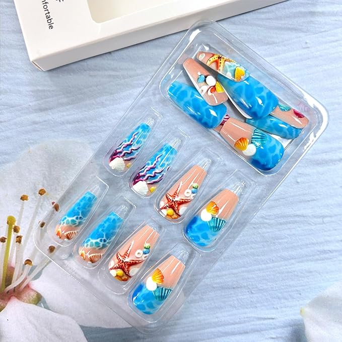 Starfish Shell Press on Nails Medium Ballet Shaped Full Cover Glossy Ocean Style Acrylic False Nail Artificial Blue Stick on Nail Press Ons Ballet Artificial Fingernails DIY Glue on Nails for Women