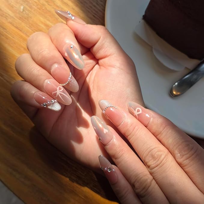 Pink Cat Eye Press On Nails Medium Almond, Handmade Pearl & Rhinestone Glitter French Tip, Gel Acrylic 10pcs Hand-Painted Bow & Heart Design(Elegant Dancer, Size M)