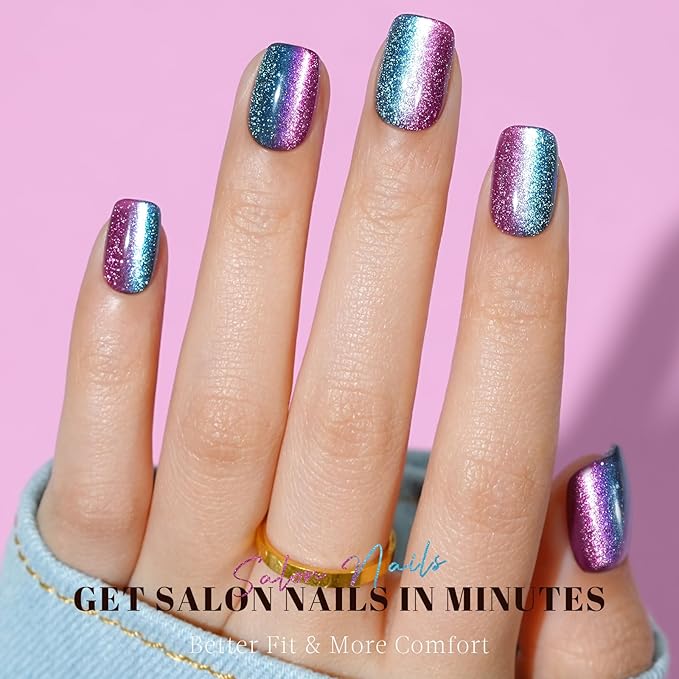 Press on Nails Short, Jofay Fashion Fake Nails, Two-color Ombre Cat Eye Press on Nails, Summer Acrylic False Nails, Reusable Stick on Nails for Women Girls, Glue on Nails Kit 32 Pcs, Amethyst Aurora