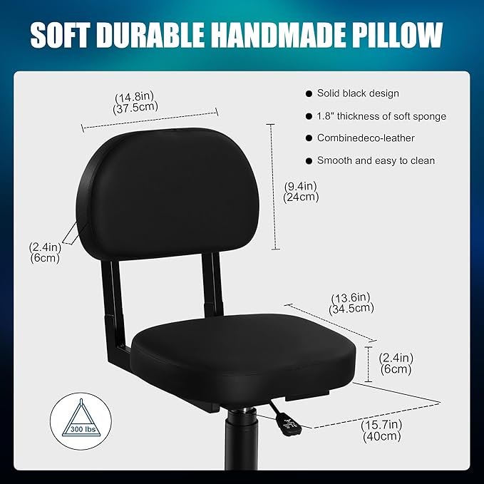 Poarmeey Rolling Stool with Back Support Tattoo Chair for Artist Salon Black Adjuestable Swivel Stool with Backrest for Work Spa Shop Home Massage Use