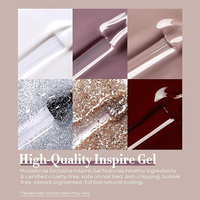 modelones Gel Nail Polish Set 6 Colors Fall Winter White Nude Brown Gel Polish Maroon Burgundy Red Champagne Gold Silver Tan Nail Art Design Kit Basic Soak Off Manicure Salon DIY Gift for Women Girls