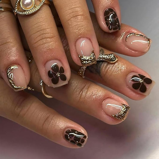 24Pcs Leopard Print Flower Press on Nails Short Square French Tip Fake Nails with Gold Rhinestones Gilding Design Full Cover Artificial Glue on Nails Spring Summer False Nails Stick on Nails for Women