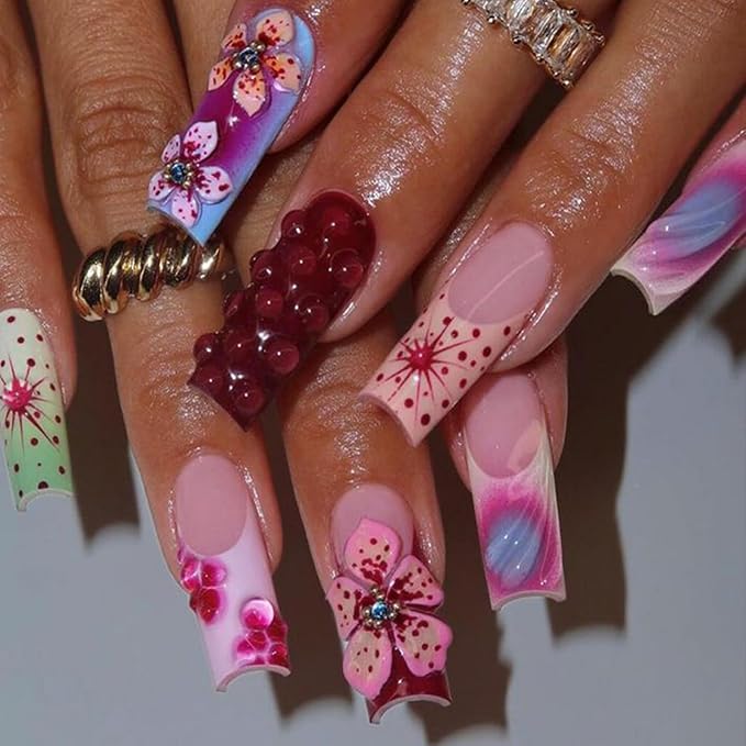 French Tip Press on Nails Long Square Fake Nails Pink False Nails with Flowers Designs Artificial Nails Charm Stick on Nails for Women 24pcs