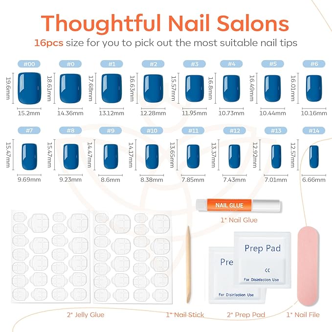 Modelones Blue Press on Nails, Christmas Short Square Fake Nails, Reusable Nail Kit with Nail Glue Adhesive Tabs Mini Nail File, Nails Press Ons 32Pcs 16 Sizes, Women Girl Gift