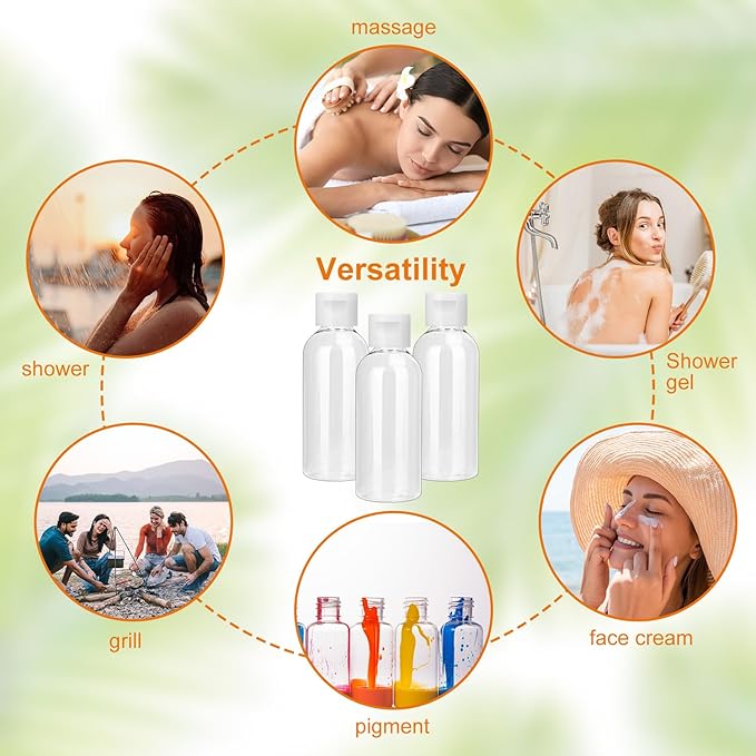 100 Pack 2 oz Plastic Bottles with Caps, Clear Empty Bottles, flip top Bottles for Lotion and Shampoo, Travel-Friendly Bottles, BPA-Free for Liquids and Personal Care