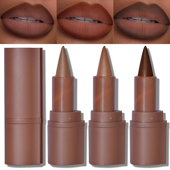 Erinde 2-in-1 Lip Liner and Lipstick Lip Combo Set, Matte Nude Dark Brown Red Lip Liner Creamy Lip Pencil Crayon, High Pigmented Long lasting Lipstick Makeup, 3PCS