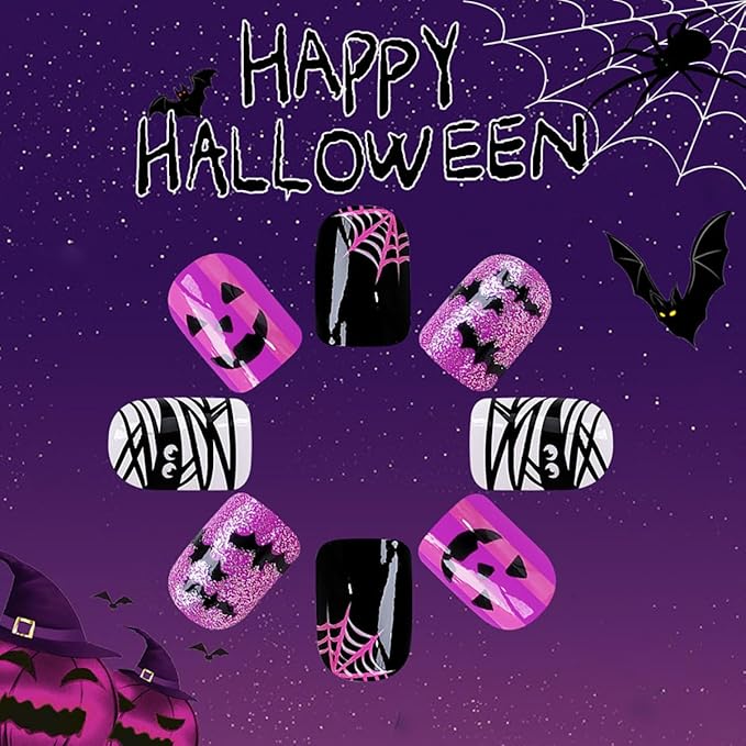 Halloween Press on Nails Purple Fake Nails Short Square False Nails Black Bat Ghost Spider Web Design Flash Glitter Glue on Nail Cute Full Cover Acrylic Stick on Nail for Women Manicure Supplies