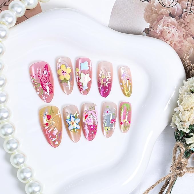 30Pcs Handmade Press on Nails Medium Almond Fake Nails 3D Butterfly Flower Press ons Colorful Floral Acrylic Nails with Pearl Rhinestones Stick on Nails Cute False Nails Bow Glue on Nails for Women