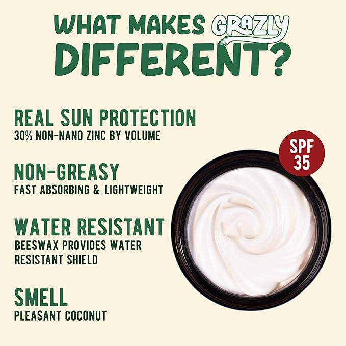 Beef Tallow Sunscreen SPF 35 – Unscented Water Resistant Zinc Sun Balm, Non-Greasy Natural Sunscreen for Face & Body – 4 Natural Ingredients: Non-Nano Zinc, Organic Coconut Oil, Beeswax- 1.8 oz