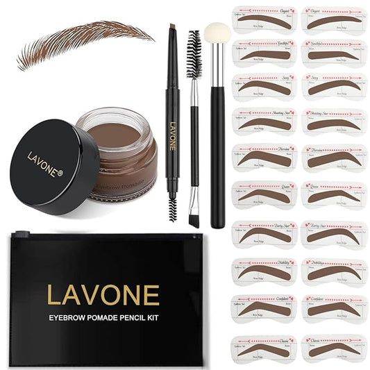 LAVONE Eyebrow Stamp Stencil Kit, Brow Stamp Trio Kit with Waterproof Eyebrow Pencil, Pomade, 20 Eyebrow Stencils, Dual-ended Eyebrow Brush and Sponge Applicator - Brunette