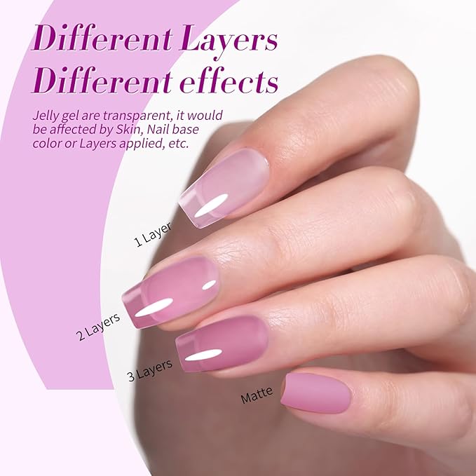 BORN PRETTY Jelly Purple Gel Nail Polish Transparent Sheer Pink Grape Purple Shimmer Glitter Jelly Gel Polsih Nail Art Manicure DIY at Home 6PCS