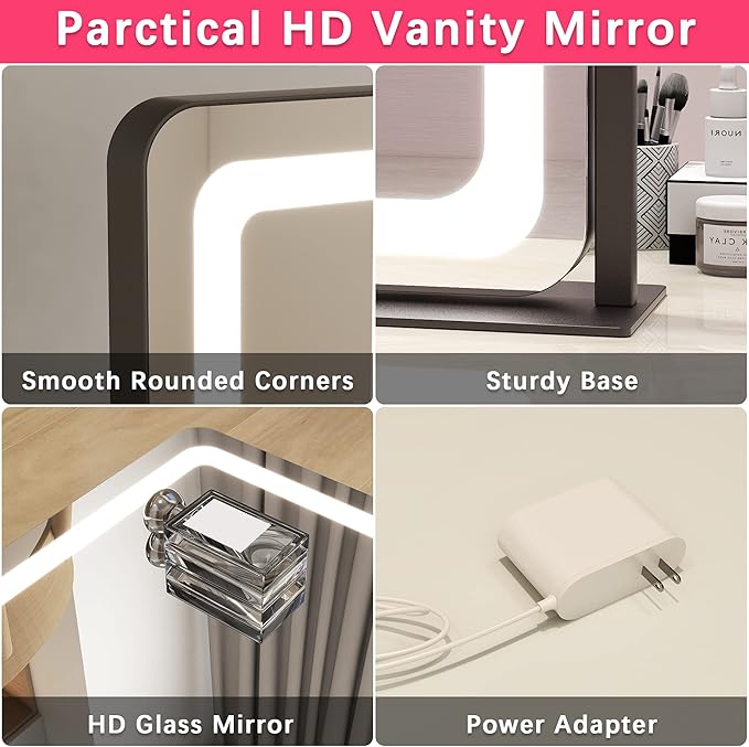 22x17 Inch Lighted Vanity Mirror with Dimmable LED Lights - 3 Color Modes, Smart Touch Control & 360° Rotating Base - Desk Makeup Mirror (Black)