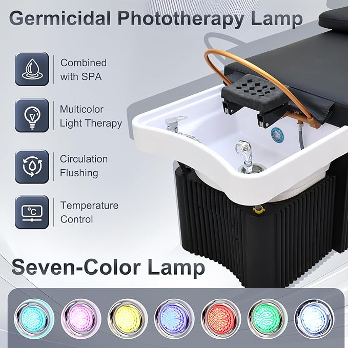 Japanese Head Spa Bed, Professional Head Spa Equipment with Foot Bath Basin, Fumigation, Waterfall Shampoo MassageTable for Spa Beauty Salon Barber