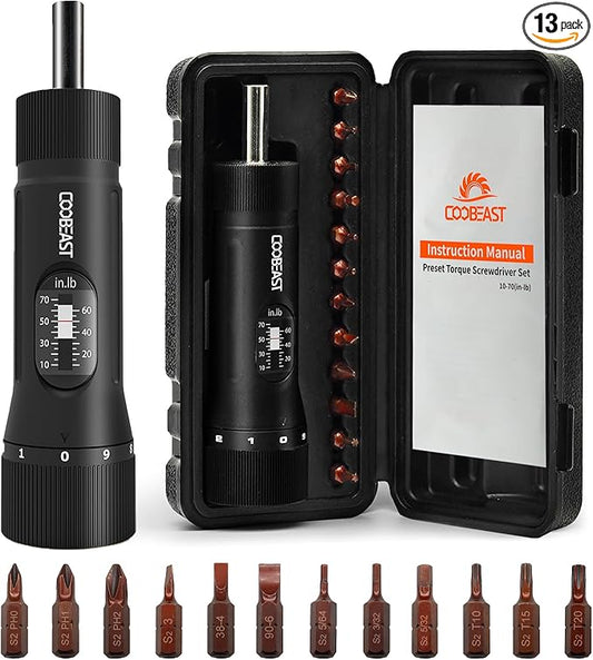 13Pcs Preset Torque Screwdriver with S2 Bits, 1/4” Drive Torque Wrench Screwdriver Set for Maintenance, Tools, Bike Repairing and Mounting, Inch Pound Torque Range 10-70 In-lb