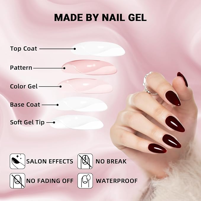 Wine Red Press On Nails, Medium Length Almond False Nails Glossy Fake Nails 24Pcs Stick On Nails Kit Solid Color Almond Full Cover Artificial Glue On Nails for Women and Girls