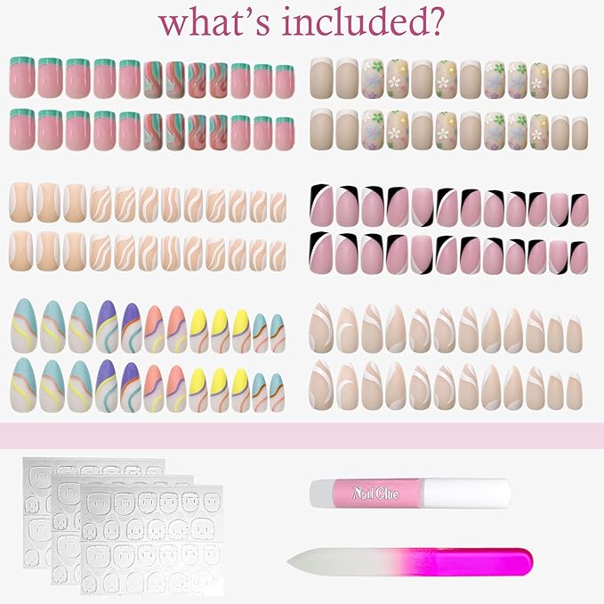 6 Packs (144 Pcs) Flower French Tip Press on Nails - Medium, Square, Swirl, Almond Sizes - 24 Fake Nails Kit, Stick on Nails for Women