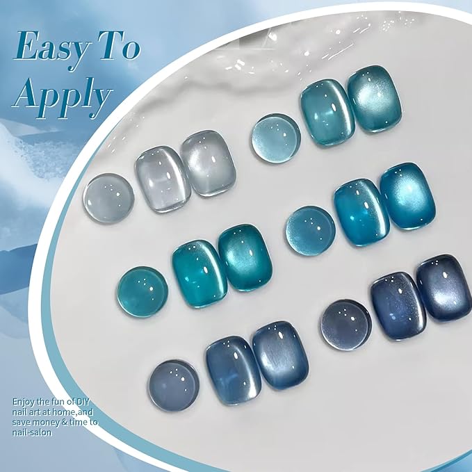 BORN PRETTY Magnetic Gel Nail Polish Blue Water Light Cat Magnetic Eye Gel Jelly Glass Crystal Magnetic Gel Polish Glitter Shimmer Auroras Magnetic Gel Nail Art Manicure Kit 6PCS