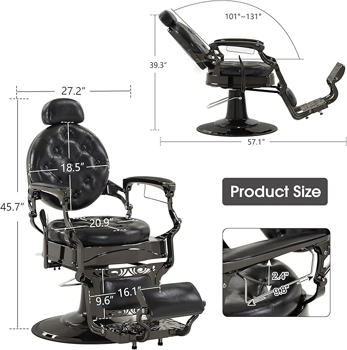 BarberPub Heavy Duty Metal Vintage Barber Chair All Purpose Hydraulic Recline Salon Beauty Spa Chair Styling Equipment 8914 (Black with Black Frame)